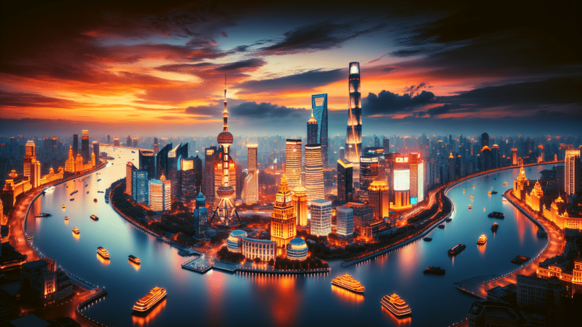 Beobachtung der Abendlichter am Bund in Shanghai – Panoramablick auf die Skyline