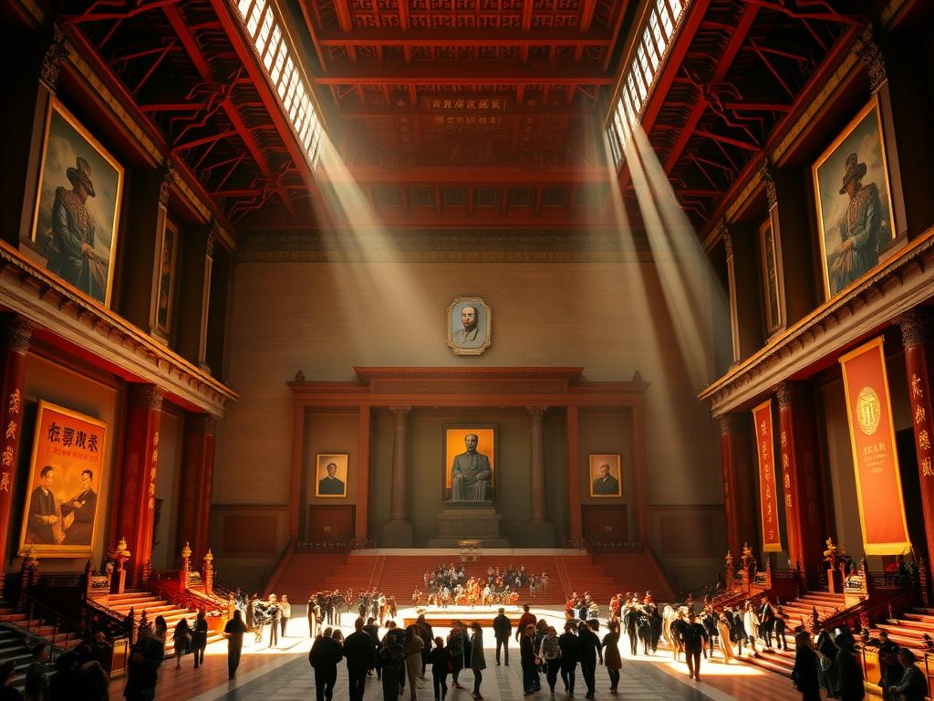 A grand and solemn interior of the Chairman Mao Memorial Hall in Beijing, bathed in warm, reverent light. The vast, ornate hall features a grand central dais with Mao's marble statue, surrounded by intricate carvings, paintings, and tapestries that evoke the revolutionary history. The space exudes a contemplative, almost spiritual atmosphere, with visitors walking quietly and reverently through the awe-inspiring architecture. Sunlight streams in through tall windows, casting a soft glow over the proceedings, as if imbuing the space with a sense of timeless significance.