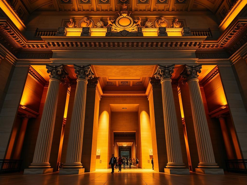 A grand memorial hall with ornate architectural details, capturing the solemnity and grandeur of the visitor experience. The imposing facade features intricate carvings and columns, bathed in warm, directional lighting that casts dramatic shadows. The entrance is framed by an impressive archway, leading visitors into the serene and contemplative interior spaces. The scene conveys a sense of reverence and historical significance, inviting the viewer to imagine the awe-inspiring experience of exploring this iconic landmark. The image should be captured from a low, wide-angle perspective to emphasize the scale and majesty of the building.