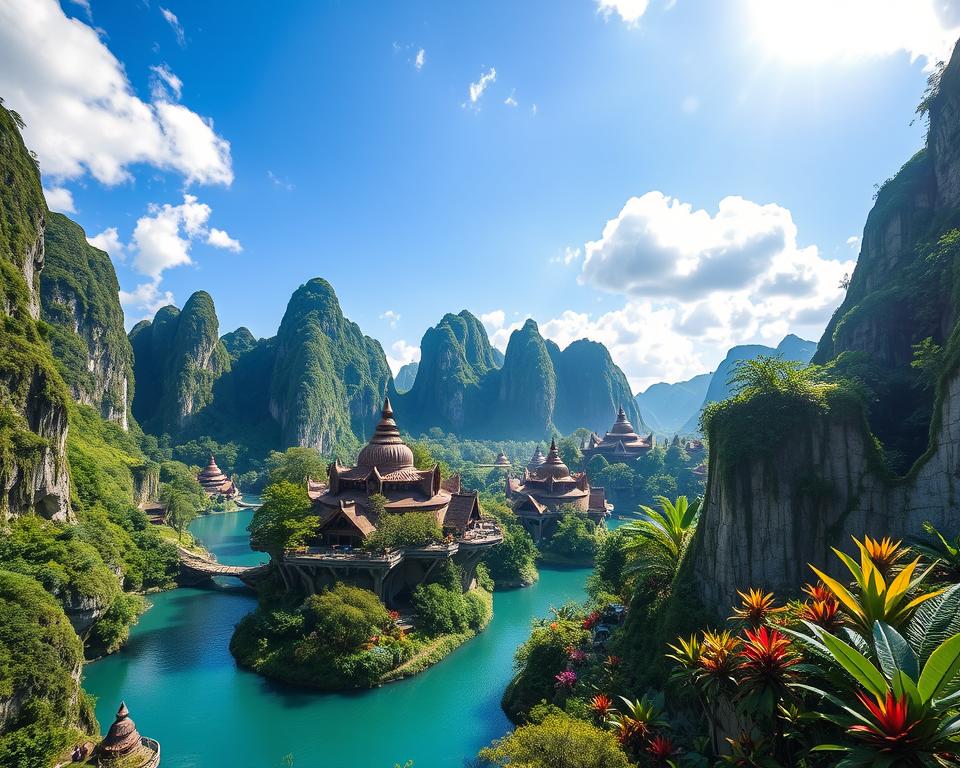A breathtaking landscape of the Avatar Park in China, featuring floating mountains with lush greenery cascading down their sides. In the foreground, a serene, winding river reflects the bright blue sky, dotted with fluffy white clouds. The middle ground displays intricate structures inspired by the Na'vi culture, seamlessly integrated into the enchanting environment. Various shades of green and vibrant splashes of color from exotic plants add depth. The sunlight filters through the foliage, creating a warm, inviting glow, enhancing the ethereal atmosphere. Capture this scene with a wide-angle lens to emphasize the scale of the majestic floating mountains, while maintaining a sense of tranquility and awe that embodies the magical experience of Avatar Park.