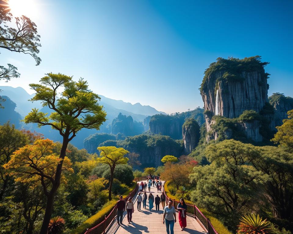 A breathtaking view of the Avatar Park in China, capturing the essence of its rich history. In the foreground, vivid, towering trees resembling the floating Hallelujah Mountains, intricately detailed with lush greenery. The middle ground features visitors exploring the park, dressed in casual, modest clothing, marveling at the mystical landscape. A serene, clear blue sky above, with soft, diffused sunlight filtering through the foliage, casting dappled shadows on the pathways. In the background, a magnificent view of the park's iconic waterfalls cascading down rocky cliffs, surrounded by exotic flora. The atmosphere is one of wonder and tranquility, inviting the viewer to experience the enchanting environment and its storied past. Utilize a wide-angle lens to capture the grandeur, ensuring vibrant colors and sharp details.