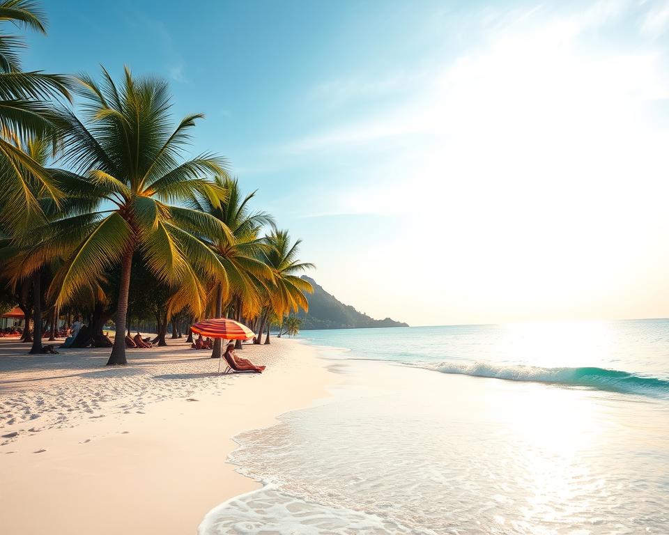 A breathtaking view of the beaches of Sanya, China, showcasing soft white sand and crystal-clear turquoise waters. In the foreground, gentle waves caress the shore, with a few calm beachgoers enjoying the sun in modest casual attire. In the middle ground, lush tropical palm trees gently sway in the warm breeze, casting dappled shadows on the sand. A beach umbrella with vibrant colors stands out against the serene landscape. The background features a dramatic coastline with the sun setting on the horizon, bathing the scene in a warm golden light. The overall mood is tranquil and inviting, capturing the essence of a serene paradise. Use a wide-angle lens to emphasize depth and a vibrant color palette to enhance the beauty of this stunning location.