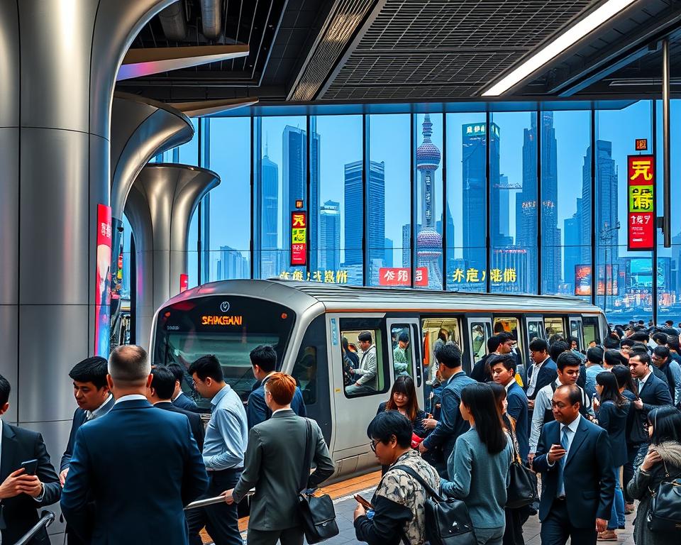 A bustling Shanghai Metro station during peak hours, showcasing a modern interior with sleek, metallic structures and vibrant advertisements lighting up the walls. In the foreground, commuters dressed in professional business attire are standing in line, waiting for the next train, while some are checking their phones. The middle ground features a train pulling into the station, its doors sliding open, with passengers exiting and entering. The background highlights the iconic Shanghai skyline through glass windows, with skyscrapers and neon lights reflecting the energetic atmosphere of the city. The scene is illuminated by soft overhead lighting, creating a warm and inviting mood, captured from a slightly elevated angle to emphasize the dynamic motion and flow of the crowd.