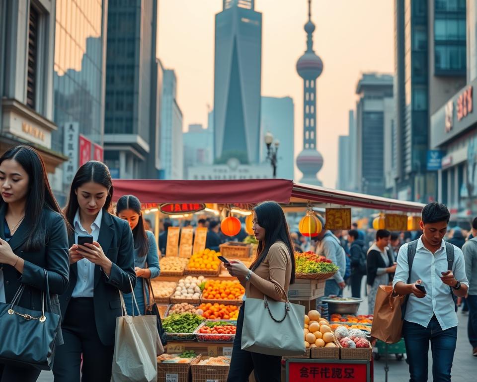 A bustling street scene in Shanghai showcasing the cost of living. In the foreground, a diverse group of professionals in smart casual attire carrying shopping bags and looking at their smartphones. In the middle ground, a vibrant market stall displaying a variety of affordable fresh produce and local street food, with price tags visible. In the background, iconic Shanghai skyscrapers such as the Oriental Pearl Tower, under a softly lit evening sky. The mood is energetic yet contemplative, as people navigate their daily lives while being mindful of their budgets. Use a slightly elevated angle to capture the dynamic nature of the city, while ensuring the lighting reflects a warm, inviting atmosphere. No text or logos included.
