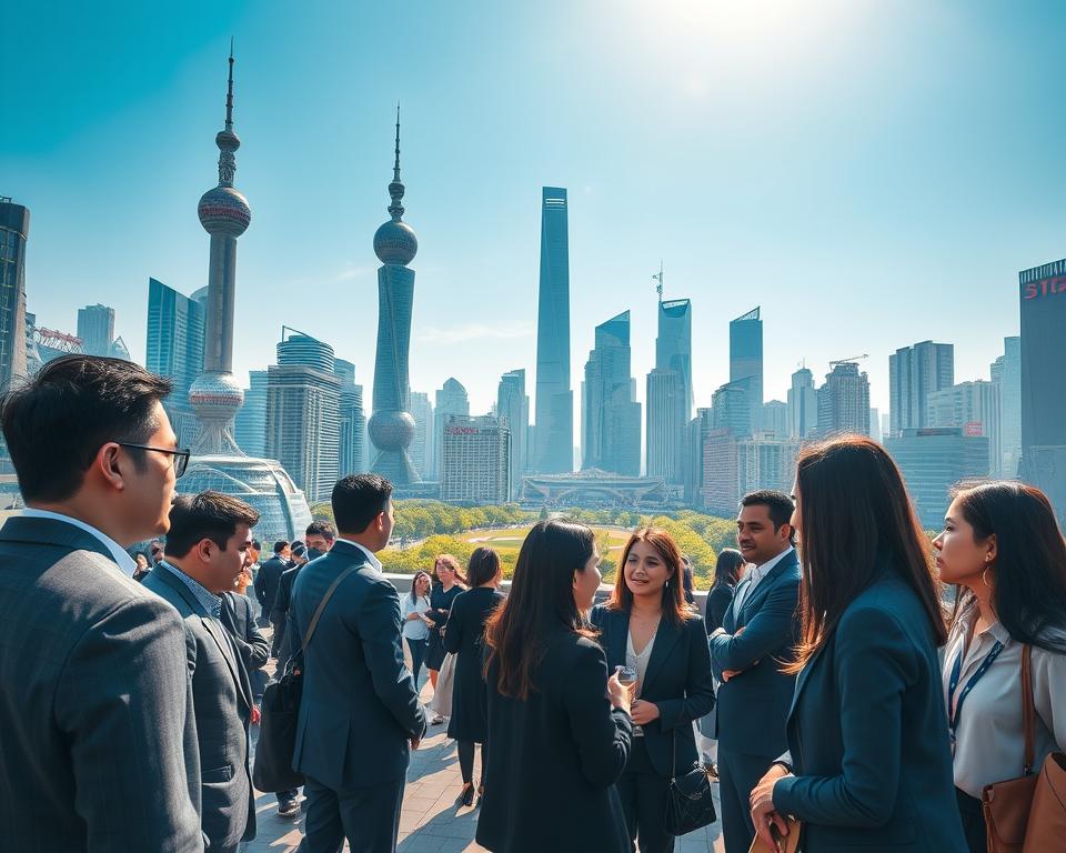 A bustling urban scene in Shanghai, showcasing the vibrant economy and job opportunities. In the foreground, diverse professionals in business attire engage in discussions, with a mix of men and women of various ethnicities, reflecting a collaborative work environment. The middle ground features iconic skyscrapers, like the Oriental Pearl Tower and Shanghai Tower, surrounded by modern office buildings and green parks, symbolizing growth and innovation. The background captures a bright skyline under a clear blue sky, with soft sunlight illuminating the scene, creating an optimistic and dynamic atmosphere. Utilize a wide-angle perspective to emphasize the city's scale and liveliness, with a focus on warm, inviting lighting that highlights the economic vitality of Shanghai.