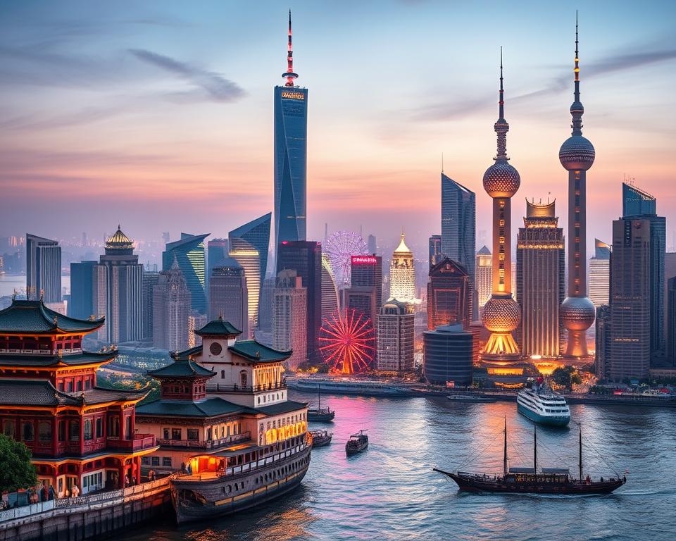 A captivating collage showcasing the historical evolution of Shanghai, blending elements from its past as a bustling trading port to its transformation into a global metropolis. In the foreground, include iconic historical buildings such as the Bund with early 20th-century architecture and traditional Chinese merchant ships. The middle ground should depict modern skyscrapers like the Shanghai Tower and Oriental Pearl Tower, symbolizing its rapid growth. In the background, a hazy skyline at dusk with vibrant city lights and a soft, warm glow, conveying a lively atmosphere. Use a slight tilt-shift effect to create depth, and capture the scene with a wide-angle lens to emphasize the city's vastness. Emphasize a sense of progress and cultural fusion, creating an inspiring and dynamic mood.