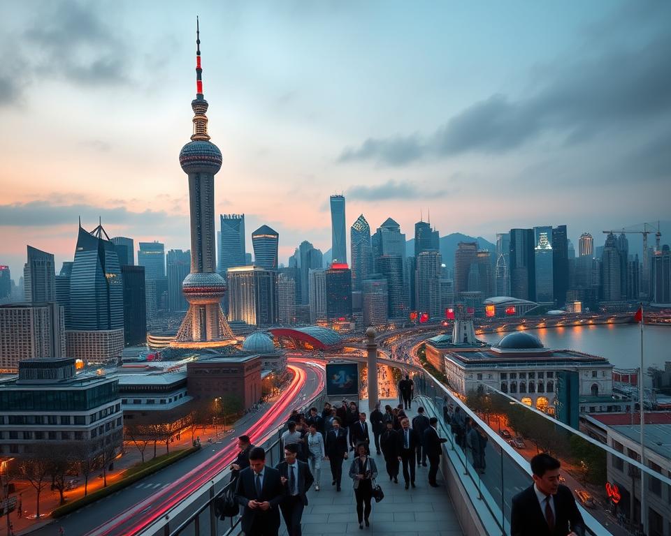 A dynamic cityscape of China, showcasing the skyline of the largest city, Shanghai, prominently featured in the foreground with its iconic Oriental Pearl Tower and modern skyscrapers. In the middle ground, include bustling streets with people dressed in professional business attire, portraying a vibrant urban atmosphere. Capture a panoramic view, extending to the background where the iconic Huangpu River reflects the city lights at dusk, creating a warm, golden glow. The scene should be illuminated with a soft twilight that highlights the architectural details, evoking a sense of progress and energy. Use a wide-angle lens perspective to emphasize the scale of the city while maintaining clarity and focus on key landmarks, ensuring an inspiring and professional ambiance.