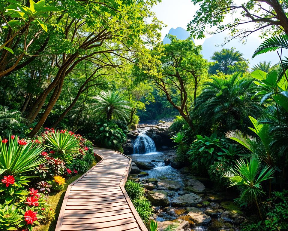 A lush, vibrant scene of Yanoda Rainforest Park in Sanya, China, featuring a dense canopy of tropical trees with varying shades of green. In the foreground, a wooden boardwalk meanders through the undergrowth, surrounded by colorful flowers and exotic plants. In the middle ground, a small waterfall cascades over smooth stones, creating a serene atmosphere, while sunlight filters through the leaves, casting dappled shadows. The background showcases towering mountains draped in mist, adding depth to the scene. The overall mood is peaceful and inviting, capturing the essence of paradise. The lighting is bright and cheerful, reminiscent of a sunny day, with soft highlights illuminating the natural beauty. The scene is framed as if viewed through a wide-angle lens, enhancing the sense of immersion in this tropical wonderland.