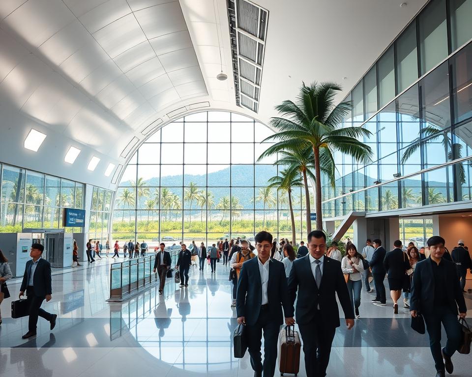 A modern view of Sanya Airport in China, showcasing its striking architecture. In the foreground, a sleek terminal building gleams under bright, natural daylight, with travelers in professional business attire or casual clothing moving gracefully through the space. The middle ground features a bustling arrival area filled with attentive staff assisting passengers, while large glass panels offer a glimpse of vibrant greenery outside. In the background, the lush, tropical landscape of Sanya can be seen, with palm trees swaying gently in the breeze. The scene captures a warm, welcoming atmosphere, reflecting the beauty and accessibility of Sanya as a travel destination. The composition is shot with a wide-angle lens, emphasizing the openness and inviting nature of the airport environment.