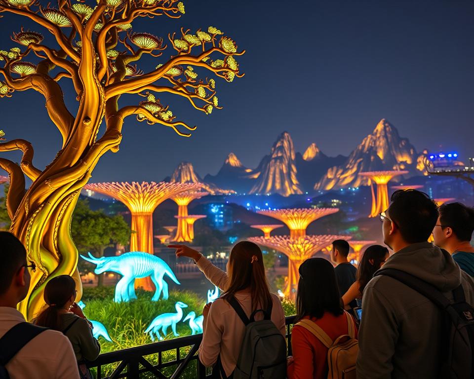 A serene and inviting scene showcasing the Avatar Park in China, focusing on a guided tour. In the foreground, a diverse group of tourists, dressed in comfortable casual wear, attentively listening to a knowledgeable guide pointing towards a stunning display of bioluminescent flora inspired by the film. In the middle, elaborate tree-like structures with glowing vines and luminous, fantastical animals create a vibrant atmosphere. The background features majestic floating mountains bathed in warm golden sunlight, adding depth to the scene. The overall mood is enchanting and adventurous, evoking a sense of wonder and exploration. The camera angle is slightly elevated, capturing both the tourists' expressions of awe and the rich details of the park's attractions, highlighting the beauty of this immersive environment.