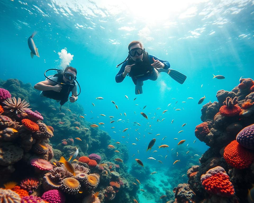 A serene and vibrant underwater scene in Sanya, China, showcasing divers exploring a colorful coral reef teeming with marine life. In the foreground, two divers in modest, professional diving gear interact with the rich underwater ecosystem, capturing the sense of adventure and discovery. The middle layer features a variety of fish and vibrant corals in stunning detail, creating a lively aquatic atmosphere. In the background, the sun’s rays penetrate the clear blue water, illuminating the ocean depths and enhancing the tranquil mood. The lighting is bright and natural, evoking a sense of awe and excitement in this tropical paradise. Capture the essence of water sports and outdoor activities, emphasizing the beauty and allure of Sanya’s underwater world.