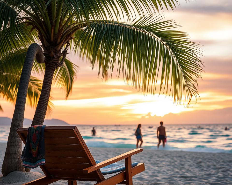 A serene beach scene in Sanya, China, showcasing palm trees with lush green leaves swaying gently in the breeze. In the foreground, a wooden beach chair with a colorful towel draped over it, inviting relaxation. In the middle ground, a clear turquoise sea gently laps against the shore, with a couple of people in modest casual attire enjoying the sun and taking a leisurely stroll. The background features a stunning sunset sky, blending hues of orange, pink, and purple, casting a warm glow over the landscape. Soft, natural lighting creates a tranquil atmosphere, while the lens captures the vibrant colors and fine details. The overall mood is peaceful and idyllic, embodying the paradise theme of Sanya as a travel destination.