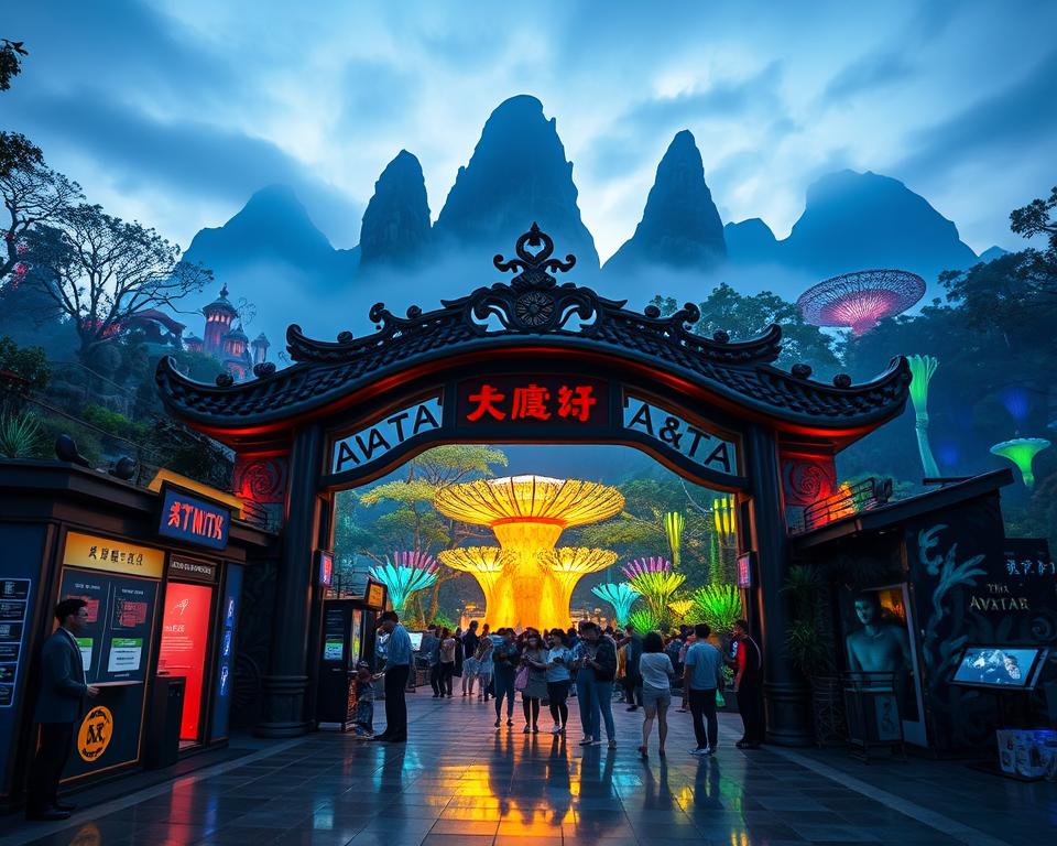A stunning scene of the Avatar Park in China, showcasing an intricate entrance with vibrant, glowing elements inspired by the movie. The foreground features meticulously designed ticket booths, with friendly staff in professional attire assisting eager visitors. The middle ground reveals families and tourists admiring the lush, fantastical flora and fauna, with bioluminescent plants casting colorful reflections. In the background, towering mountains reminiscent of Pandora rise majestically, shrouded in mist. The lighting is soft and enchanting, capturing a serene twilight atmosphere, with hues of blue and green blending together. The angle is slightly elevated, providing a sweeping view that encompasses the park's enchanting ambiance and the excitement surrounding ticket options and pricing, perfectly encapsulating the experience of visiting this magical destination.