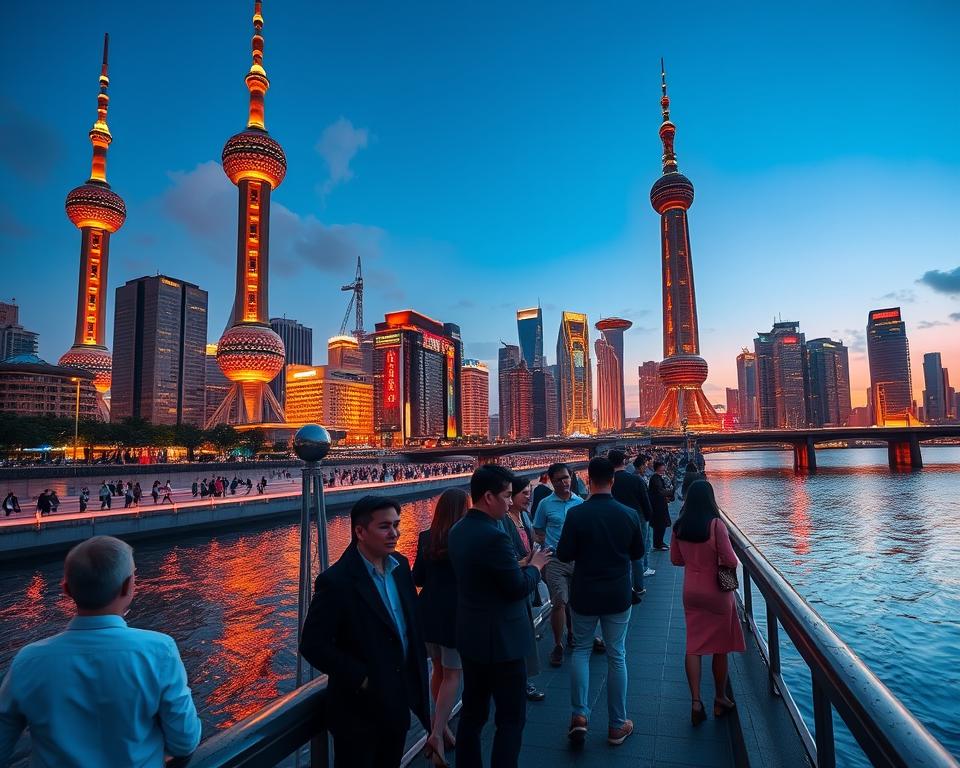 A stunning view of Shanghai's iconic skyline featuring the Oriental Pearl Tower and the Shanghai Tower. In the foreground, a serene reflective river captures the glow of the city lights during sunset, enhancing the vibrant colors of the modern architecture. The middle ground reveals bustling streets filled with diverse tourists taking pictures, all dressed in smart casual attire, showcasing the city's blend of cultures. In the background, the historic Bund contrasts with the modern skyscrapers, showcasing the city's rich heritage. The scene is illuminated with warm, golden hour lighting, creating a dynamic yet calm atmosphere, captured from a low angle to emphasize the towering structures against the twilight sky.