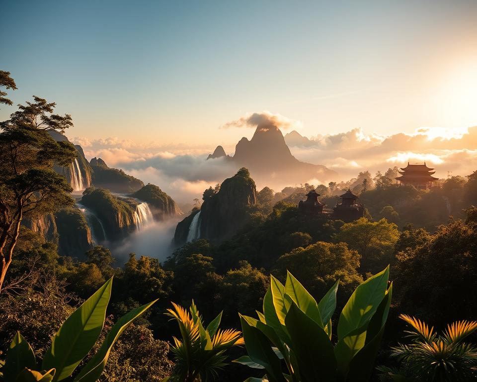 A stunning view of the Avatar Park in China, showcasing its breathtaking landscape. In the foreground, lush greenery and exotic, oversized plants typical of Pandora create an immersive atmosphere. The middle ground features the park's iconic floating mountains, surrounded by wispy clouds and cascading waterfalls. In the background, the distant silhouette of traditional architecture blends seamlessly with the natural surroundings, hinting at the culture of the region. The scene is bathed in warm, golden sunlight, which casts long shadows and enhances the vibrant colors. A clear blue sky adds to the sense of adventure and wonder, inviting visitors to explore. The mood is magical and uplifting, perfect for an exhilarating travel experience. The angle should be slightly elevated, providing a panoramic view of the park's attractions.