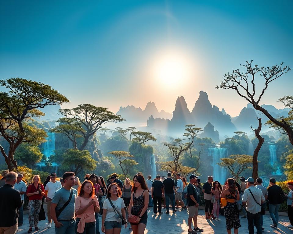 A tranquil scene depicting the Avatar Park in China during peak visiting hours. In the foreground, a diverse group of visitors in casual attire, joyfully exploring the vibrant alien plant life and floating mountains inspired by the movie. In the middle ground, intricately designed bioluminescent trees and waterfalls create a lush, immersive environment, with visitors interacting and taking photos. The background features majestic floating islands under a clear blue sky, with soft, warm sunlight filtering through the trees, creating a mystical atmosphere. The scene is captured from a slightly elevated angle to encompass both the visitors and the stunning landscape, evoking a sense of wonder and adventure. The overall mood is enchanting and inviting, highlighting the ideal time to visit the park.