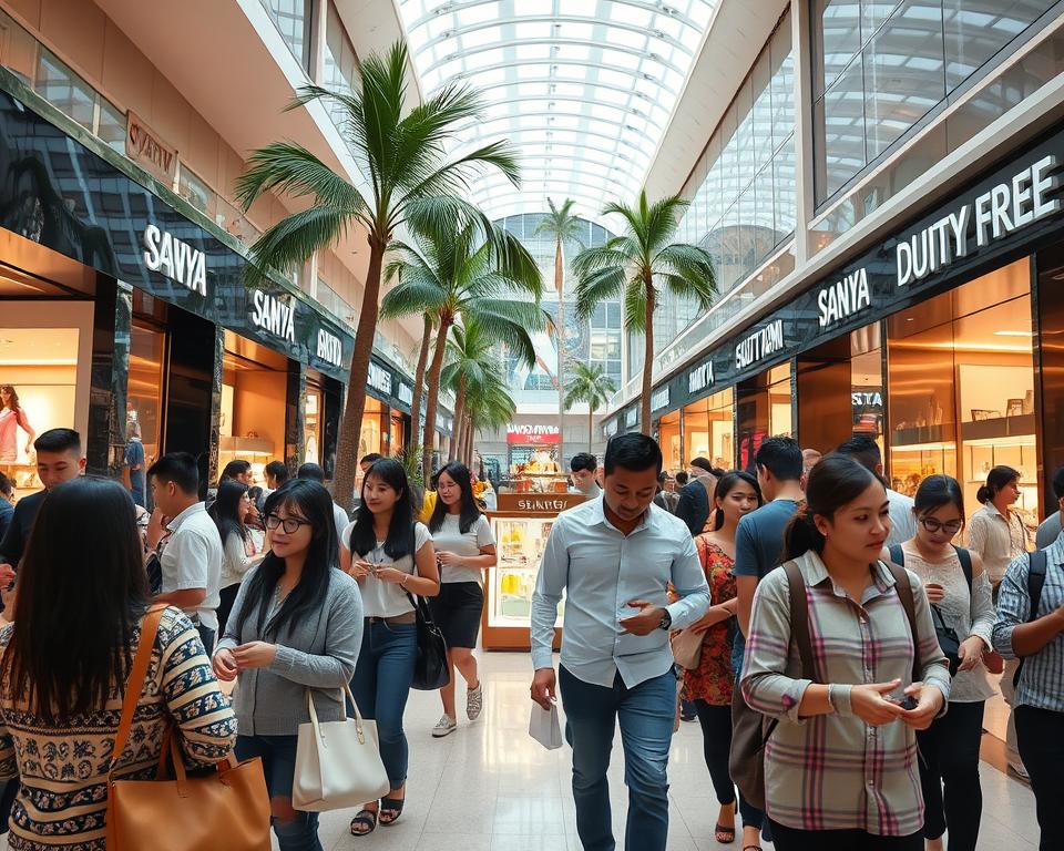 A vibrant and bustling scene of Sanya Duty-Free Shopping, showcasing a modern shopping complex filled with various high-end stores. In the foreground, shoppers of diverse backgrounds are examining luxury goods, dressed in modest casual clothing and capturing the excitement of shopping. The middle ground features elegant shop displays with colorful merchandise, adorned with artistic lighting that highlights the products. In the background, lush tropical palm trees are visible, hinting at Sanya's warm climate. The atmosphere is lively and welcoming, with soft daytime lighting casting a pleasant glow, creating an inviting and relaxed shopping ambiance. The composition should have a wide-angle view, capturing the energy of this shopping paradise without any text or watermarks.