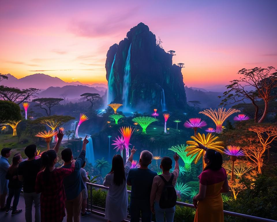 A vibrant and immersive scene at Avatar Park in China, showcasing a lush landscape inspired by Pandora's bioluminescent flora. In the foreground, a diverse group of visitors in modest casual clothing admire the stunning scenery, pointing excitedly at the towering, glowing trees. In the middle ground, a majestic floating rock formation with cascading waterfalls looms above, surrounded by colorful, exotic plants that emit a soft, ethereal glow. In the background, a picturesque sky transitions from sunset to twilight, creating a dreamlike atmosphere with shades of purple and gold. The scene is illuminated by gentle, ambient lighting, enhancing the magical feel of this extraordinary park experience, captured from a slightly elevated angle to include both the awe of the visitors and the grandeur of the environment.