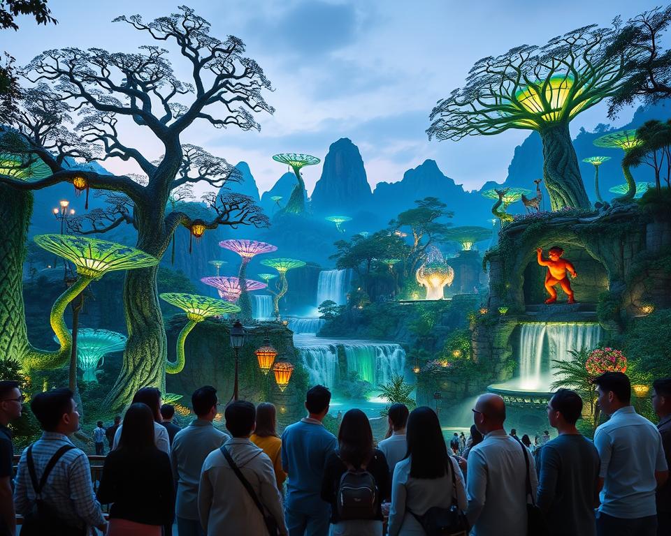 A vibrant scene depicting "Avatar Park Kultur" in China, showcasing lush, exotic landscapes inspired by the world of Avatar. In the foreground, a group of visitors dressed in modest casual clothing marvels at intricate, bioluminescent flora and fauna. The middle ground features towering, fantastical trees with glowing vines and floating mountains, capturing the essence of Pandora. In the background, a serene artificial waterfall cascades, its sparkling water reflecting the soft, ambient light of twilight. The atmosphere is enchanting and peaceful, filled with an ethereal glow that enhances the vibrant colors of the surroundings. The scene is shot from a slightly elevated angle, emphasizing both the grandeur of the park and the wonder on the faces of the visitors, with a warm, inviting light that evokes a sense of magic and cultural richness.
