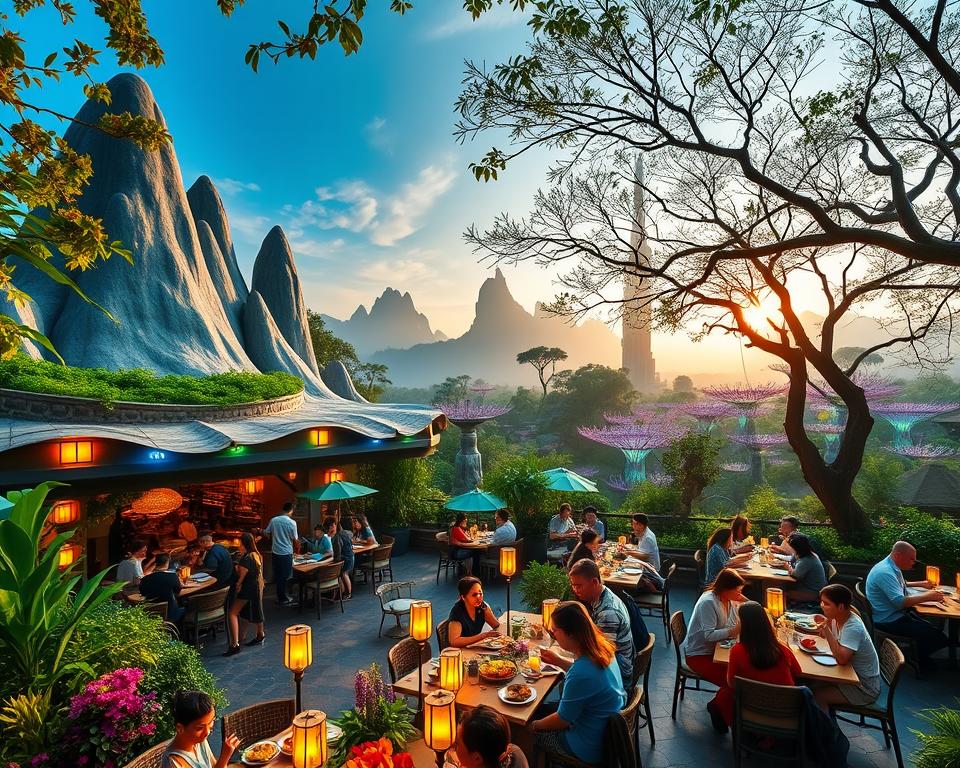 A vibrant scene depicting the enchanting Avatar Park in China, focusing on its unique restaurants. In the foreground, showcase a beautifully designed restaurant resembling the floating mountains of Pandora, with lush greenery and colorful flowers around it. In the middle ground, highlight patrons enjoying diverse culinary delights, dressed in casual attire, seated at outdoor tables under glowing lanterns. The background features stunning, otherworldly landscapes inspired by the movie, with bioluminescent plants casting a soft, ethereal light. The atmosphere is lively and inviting, with warm, golden hour sunlight filtering through the trees. Use a wide-angle lens to capture the breadth of the scene, ensuring an immersive view of this magical dining experience within Avatar Park.