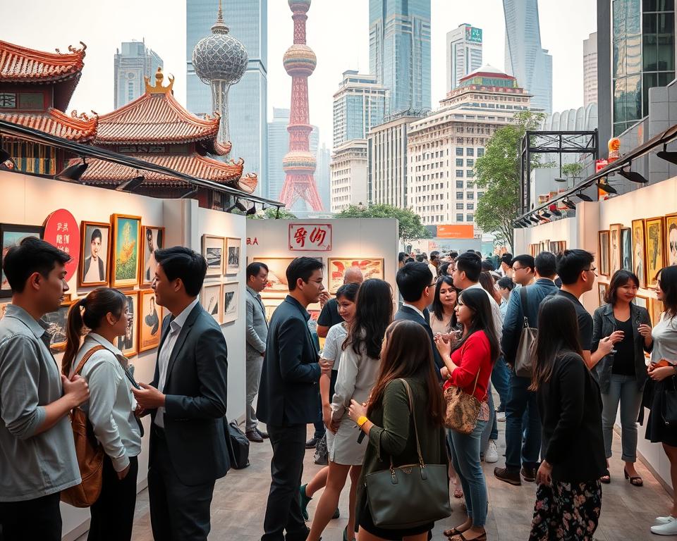 A vibrant scene of Kultur Shanghai, showcasing the fusion of traditional and contemporary culture. In the foreground, a group of diverse individuals dressed in stylish business attire and casual yet fashionable clothing, engaged in animated conversation while enjoying a local art exhibition. The middle ground features a modern art gallery with creative displays, and an array of colorful artworks hanging on the walls. In the background, iconic Shanghai architecture like the Oriental Pearl Tower and historic buildings blend seamlessly, symbolizing the city's rich history. Soft, warm lighting illuminates the scene, creating an inviting and culturally immersive atmosphere, captured from a slightly elevated angle to emphasize both the people and the urban surroundings.