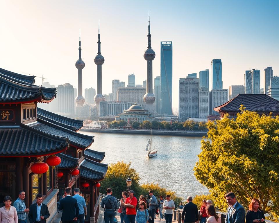 A vibrant scene of Shanghai during the best travel season, showcasing a panoramic view of the cityscape. In the foreground, traditional Chinese architecture is harmoniously juxtaposed with modern skyscrapers, while people dressed in smart-casual attire enjoy the pleasant weather. The middle ground features iconic landmarks like the Oriental Pearl Tower and The Bund, bathed in warm golden sunlight of early autumn, highlighting the clear blue sky. In the background, lush greenery along the riverbanks adds a refreshing contrast to the urban landscape. The scene is captured at a slightly elevated angle to encompass both natural and architectural beauty, creating a sense of depth and inviting atmosphere. The mood is lively and dynamic, reflecting the bustling energy of Shanghai's best travel time.