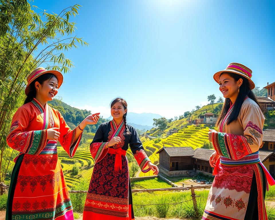 A vibrant scene showcasing the unique culture of the Li and Miao minorities in Sanya, China. In the foreground, a group of three individuals dressed in traditional attire, with intricate patterns and colorful embroidery, engaged in a cultural dance, joyful expressions on their faces. The middle ground features a picturesque landscape of terraced rice fields and lush greenery, with bamboo groves swaying gently in the breeze. In the background, an ancient village with distinctive architecture made of wood and stone under a clear blue sky, providing a tranquil atmosphere. Soft, warm sunlight illuminates the scene, casting gentle shadows, creating a serene yet lively mood reflecting the rich traditions of these ethnic groups. Shot with a wide-angle lens to capture the expansive beauty of the environment.