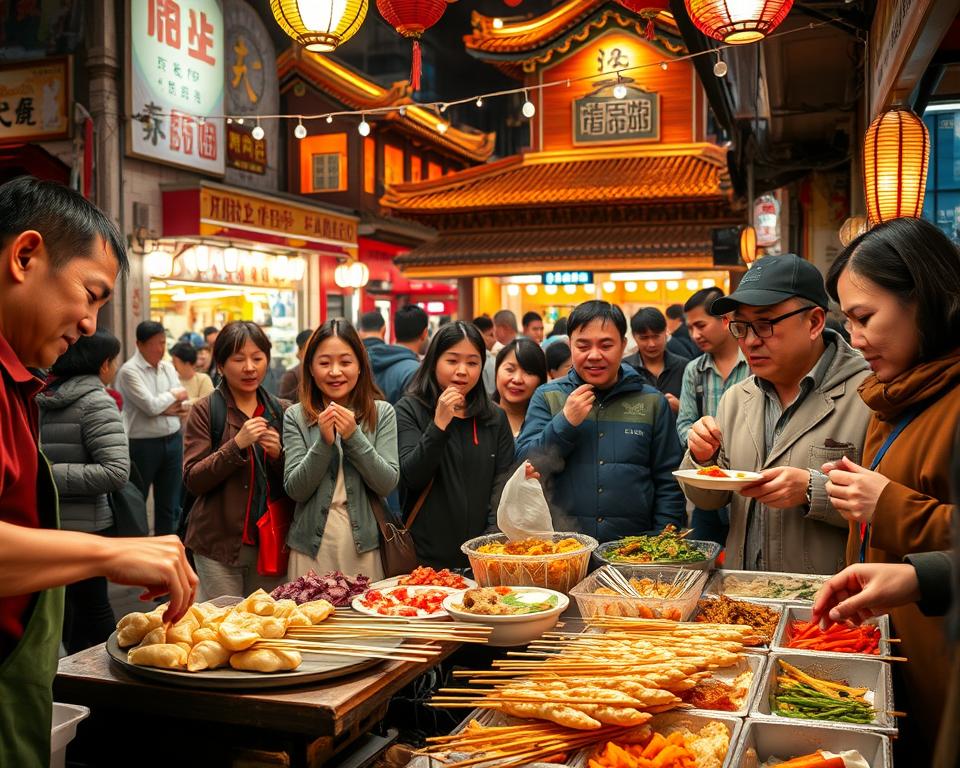 A vibrant street food scene in Shanghai showcases a bustling night market filled with diverse culinary offerings. In the foreground, a vendor prepares steaming dumplings and skewers over an open flame, with colorful ingredients spread around. In the middle, patrons of various ages, dressed in modest casual clothing, eagerly sample dishes from different stalls, their expressions reflecting delight and curiosity. The background features traditional architecture illuminated by string lights, creating a warm, inviting atmosphere. The scene is bathed in the glow of soft, ambient lighting, emphasizing the rich textures of the food and the lively interactions among people. The angle captures an intimate view of the market's energy, encapsulating the essence of Shanghai’s culinary landscape.